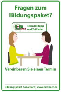 Zeichnung von zwei Personen am Tisch, die sich unterhalten: Fragen zum Bildungspaket? Vereinbaren Sie einen Termin.